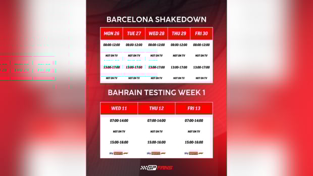 Barcelona shakedown and Bahrain Testing Week 1 schedule