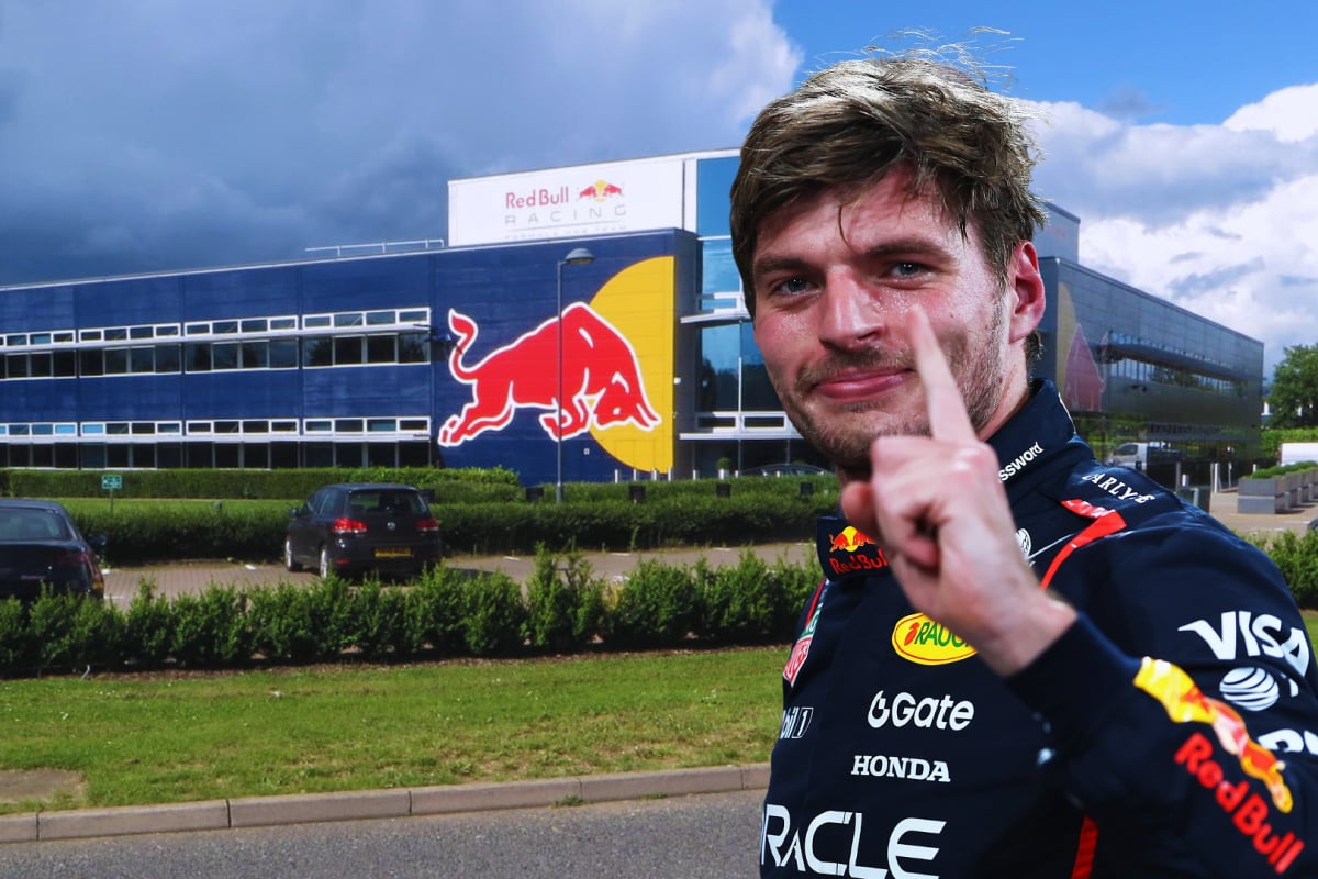 Verstappen in Red Bull race suit holding up number 1 finger with Red Bull HQ building edited in the background