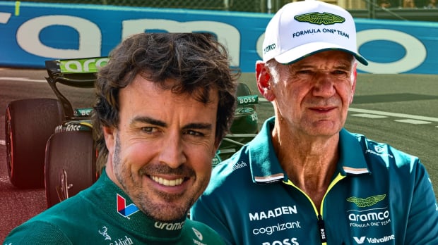 Smiling Alonso headshot next to smirking Newey with Aston Martin F1 car on track in the background