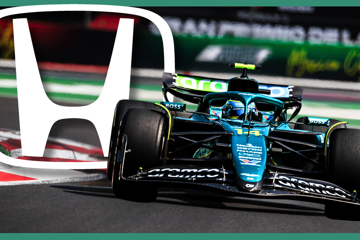 Alonso's Aston Martin F1 car on track with a green outline border around the image and the Honda logo edited on top