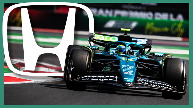 Alonso's Aston Martin F1 car on track with a green outline border around the image and the Honda logo edited on top