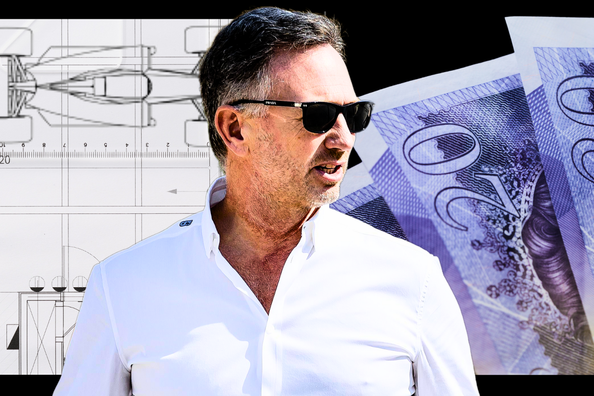 Horner in a white shirt and sunglasses edited in front of an F1 car sketch background and £20 notes pile