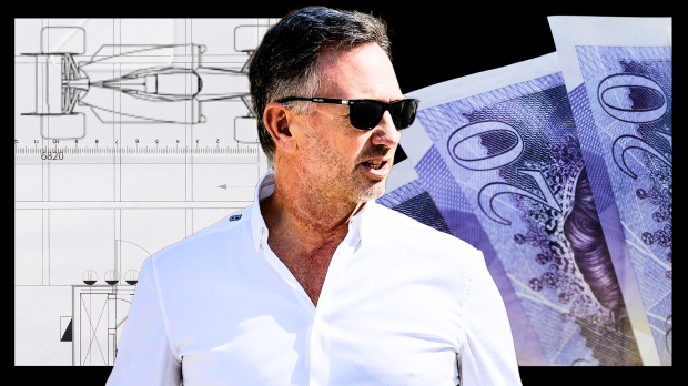 Horner in a white shirt and sunglasses edited in front of an F1 car sketch background and £20 notes pile