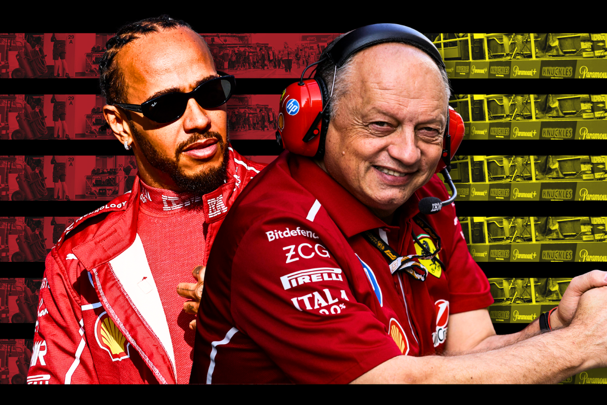 Hamilton looking serious and Vasseur smiling with a red, yellow and black background